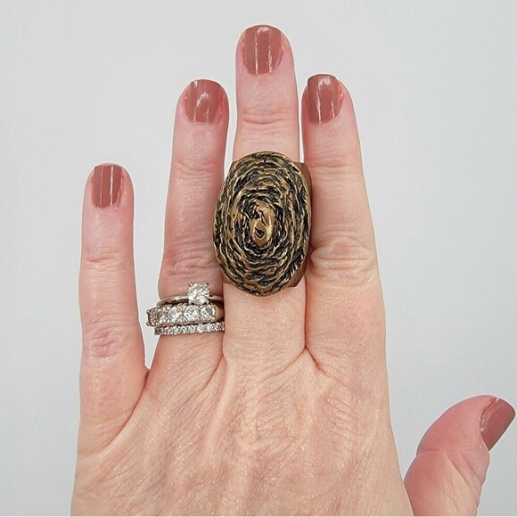 J.Fein Size 7 Boho Gilt Bronze Large High Profile Wooden Statement Ring - Picture 7 of 13